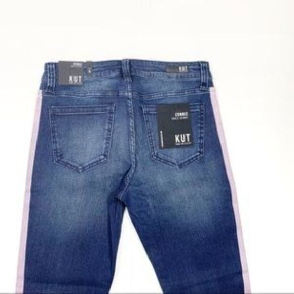KUT from the Kloth Blue W/ Pink Stripe Raw Hem Ankle Skinny Jeans Size 6 - Picture 6 of 16